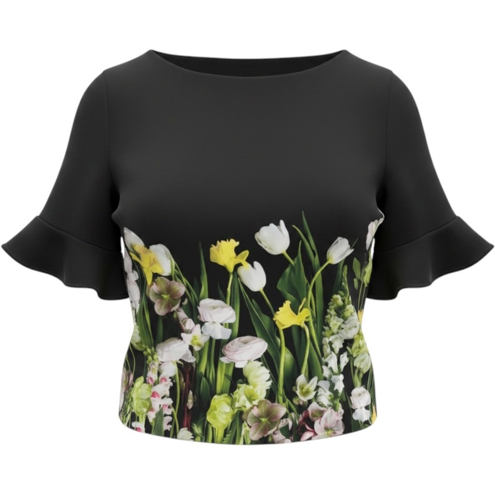 Victoria Beckham-Target -  Size Medium Black Floral Ruffle Bell Sleeves Crop Top